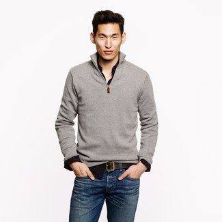 Мужской серый свитер с воротником на молнии от N.Peal
