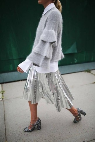 Серебряная юбка-миди со складками от Sacai