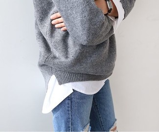 Женский серый свитер с круглым вырезом от Jennyfer