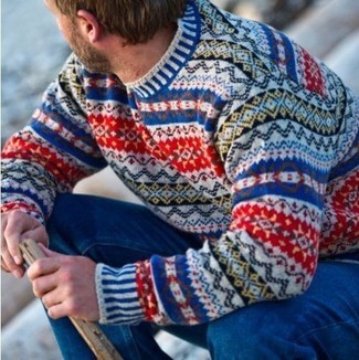 Мужской серый свитер с круглым вырезом с жаккардовым узором от Selected