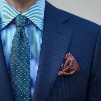 С чем носить разноцветный нагрудный платок с принтом: Синий пиджак в вертикальную полоску и разноцветный нагрудный платок с принтом — отличная формула для воплощения приятного и несложного лука.