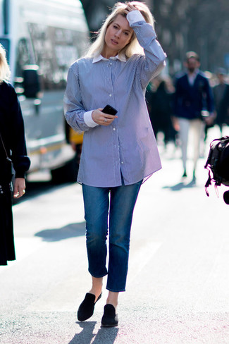 Женская синяя классическая рубашка в вертикальную полоску от Xirena