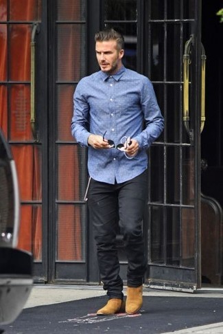 Мужская синяя рубашка с длинным рукавом из шамбре в горошек от Etro