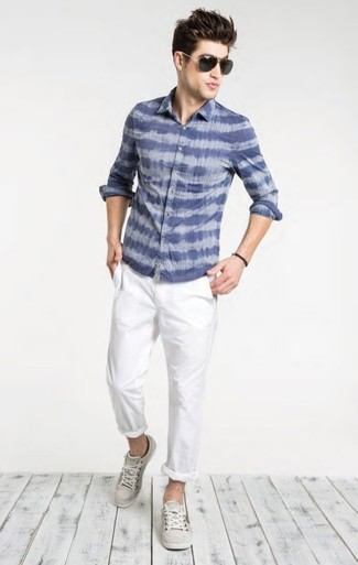 Мужская синяя рубашка с длинным рукавом с принтом от Dolce & Gabbana