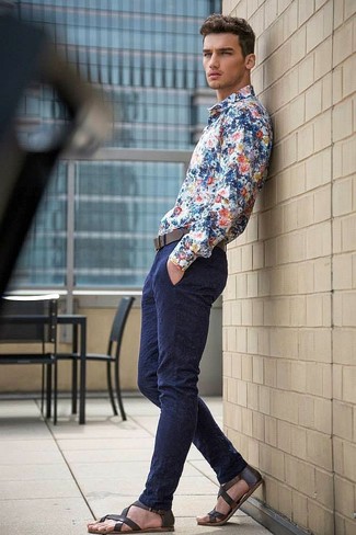 Мужская синяя рубашка с длинным рукавом с цветочным принтом от Etro