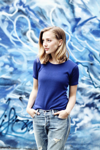 Женская синяя футболка с круглым вырезом от QED London