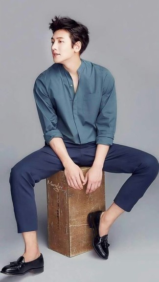 Мужская темно-бирюзовая рубашка с длинным рукавом от SHIATZY CHEN