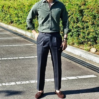 Мужская темно-зеленая рубашка с длинным рукавом в вертикальную полоску от Sunnei