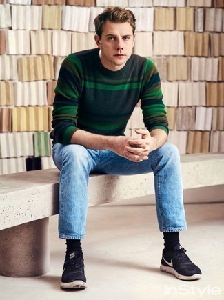 Мужской темно-зеленый свитер с круглым вырезом в горизонтальную полоску от Loveless