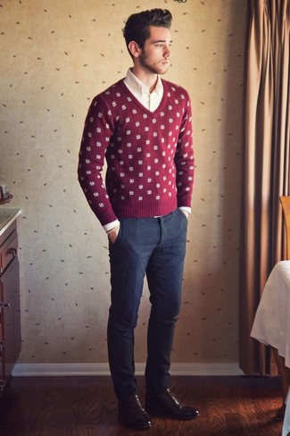 Мужской темно-красный свитер с круглым вырезом с принтом от DSQUARED2
