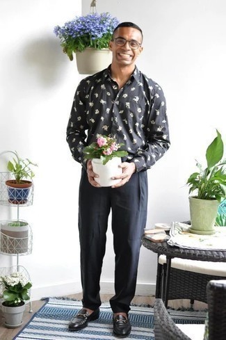Мужская темно-серая рубашка с длинным рукавом с цветочным принтом от Kenzo
