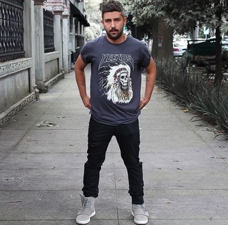 Мужская темно-серая футболка с круглым вырезом с принтом от Z Zegna
