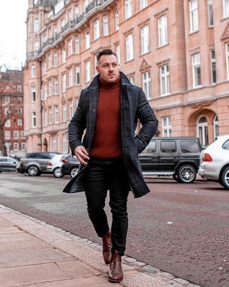 Как носить черные брюки с коричневой обувью в 30 лет мужчине осень: Дуэт темно-серого длинного пальто в шотландскую клетку и черных брюк подойдет и для рабочего дня в офисе, и для крутого вечера с друзьями. Почему бы не добавить в повседневный ансамбль толику нарядности с помощью коричневых кожаных ботинок челси? Думается, это крутой выбор для непонятной осенней погоды.