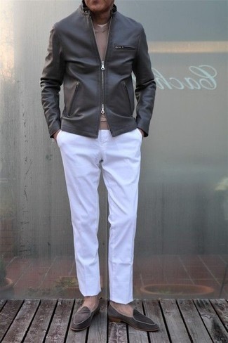 Мужской темно-серый кожаный бомбер от Calvin Klein