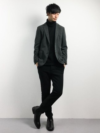 С чем носить темно-серый пиджак мужчине: Темно-серый пиджак и черные брюки чинос — образ, который будет неизбежно притягивать дамские взоры. Закончив ансамбль черными кожаными ботинками челси, получим поразительный результат.