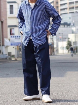 Мужская темно-сине-белая рубашка с длинным рукавом в вертикальную полоску от BOSS HUGO BOSS