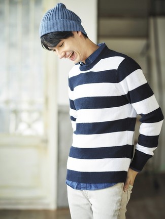 Мужской темно-сине-белый свитер с круглым вырезом в горизонтальную полоску от DSQUARED2
