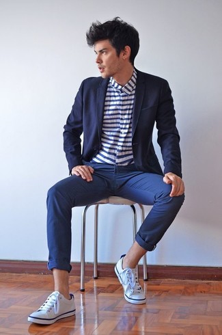 Мужская бело-темно-синяя рубашка с длинным рукавом в горизонтальную полоску от Karl Lagerfeld