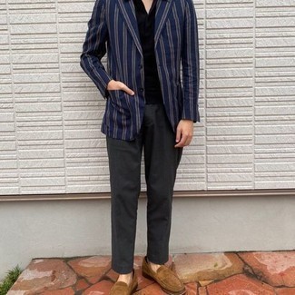 Мужской темно-синий пиджак в вертикальную полоску от Miharayasuhiro