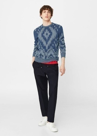 Мужской темно-синий свитер с круглым вырезом с принтом от Gucci