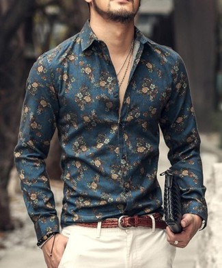 Мужская темно-синяя классическая рубашка с цветочным принтом от Canali