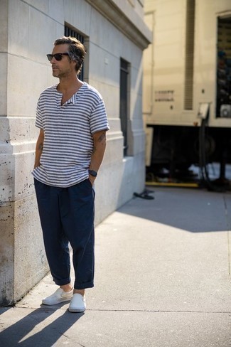 Мужская бело-темно-синяя футболка на пуговицах в горизонтальную полоску от Polo Ralph Lauren