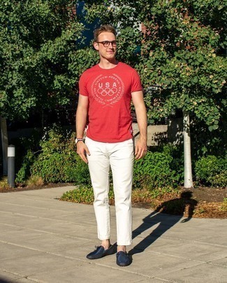Мужская красно-белая футболка с круглым вырезом с принтом от Diesel
