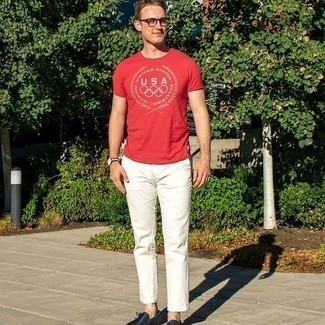 Мужская красно-белая футболка с круглым вырезом с принтом от Les Bohemiens