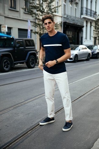 Мужская темно-сине-белая футболка с круглым вырезом от Le Breve