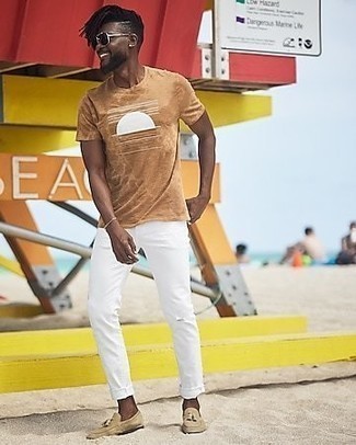 Мужская светло-коричневая футболка с круглым вырезом с принтом от Izzue