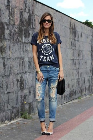 Женская темно-синяя футболка с круглым вырезом с принтом от Tommy Jeans