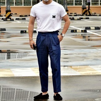 Мужская белая футболка с круглым вырезом с вышивкой от Wooyoungmi