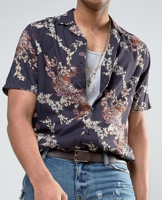 Мужская черная рубашка с коротким рукавом с цветочным принтом от Represent