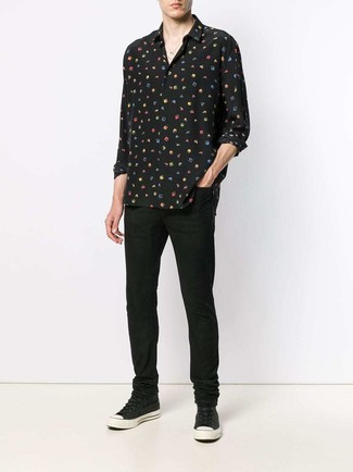 Мужская черная шелковая рубашка с длинным рукавом с принтом от Dolce & Gabbana