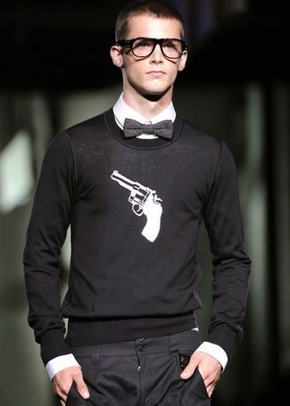 Мужской черно-белый свитер с круглым вырезом с принтом от MHI
