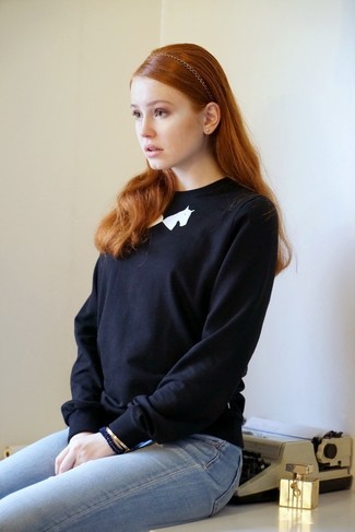 Женский черно-белый свитер с круглым вырезом с принтом от Markus Lupfer
