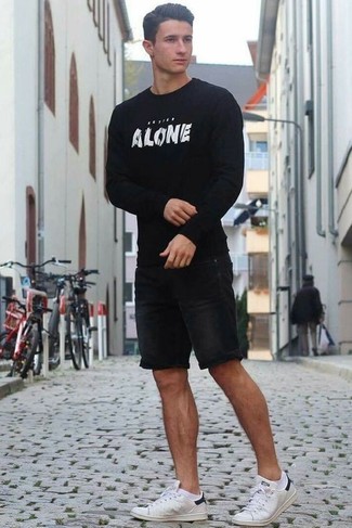 Мужской черно-белый свитер с круглым вырезом с принтом от MHI