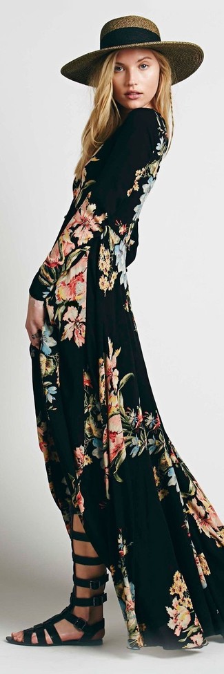 Черное платье-макси с цветочным принтом от Black Coral