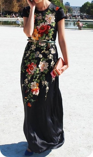 Черное шелковое платье-макси с цветочным принтом от Etro