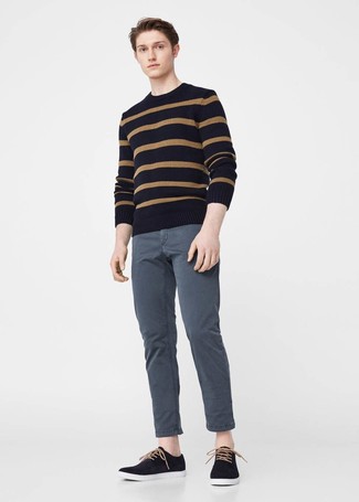 Мужской черный свитер с круглым вырезом в горизонтальную полоску от Esprit