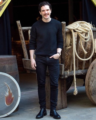 Мужской черный свитер с круглым вырезом от Ziggy Chen