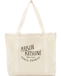 Бежевая большая сумка из плотной ткани с принтом от Kitsune