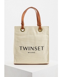 Бежевая большая сумка из плотной ткани с принтом от Twinset Milano