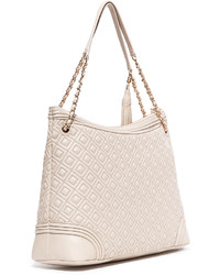 Бежевая кожаная большая сумка от Tory Burch