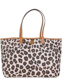 Бежевая кожаная сумка-саквояж с леопардовым принтом