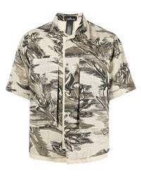 Мужская бежевая льняная рубашка с коротким рукавом с принтом от Stone Island Shadow Project