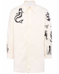 Мужская бежевая рубашка с длинным рукавом с принтом от Prada