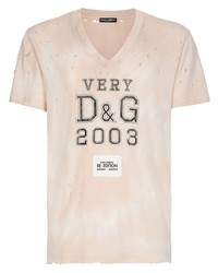 Мужская бежевая футболка с v-образным вырезом с принтом от Dolce & Gabbana
