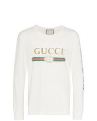 Мужская бежевая футболка с длинным рукавом с принтом от Gucci