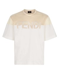 Мужская бежевая футболка с круглым вырезом в сеточку с вышивкой от Fendi